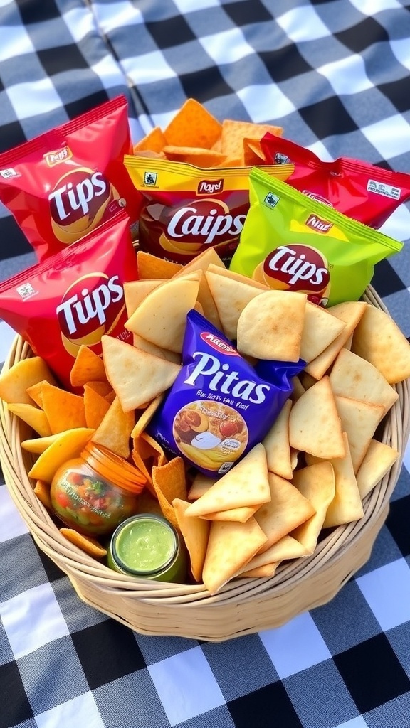 Chips Hamper Packing Guide A vibrant chips hamper with assorted chips and dips, perfect for a picnic or gathering.